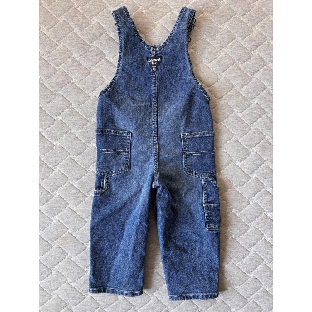 OshKosh B'gosh Denim Bib Overalls Boys 12-18 Months Blue Snap Pockets Cargo - Picture 2 of 5